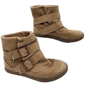 SO Tan Canvas Slip On Ankle Boots Double Buckle size 7M